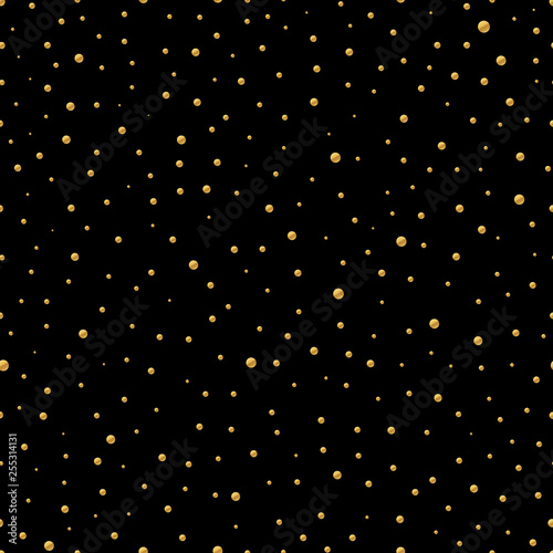 Seamless pattern with gold circle confetti isolated on black background.