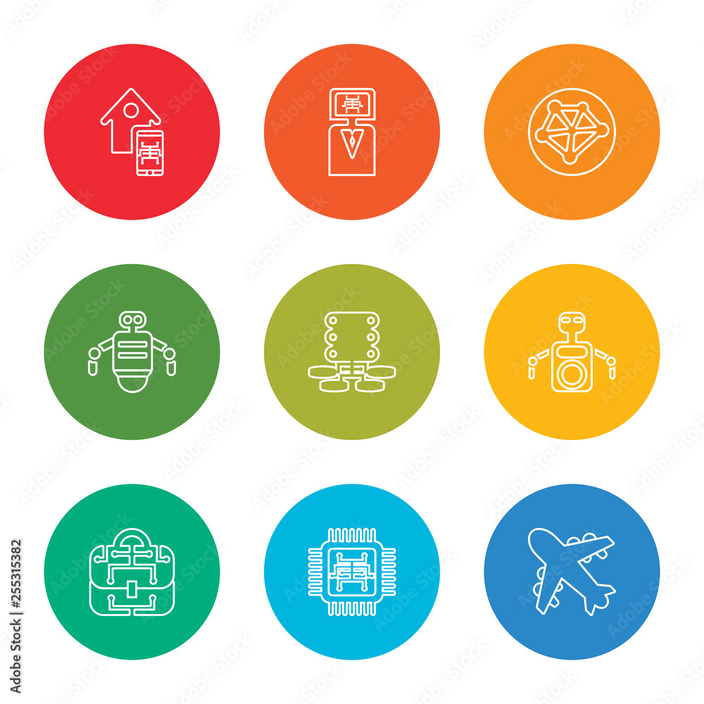 outline stroke aeroplane, chip, business, robot, servers, robot, network, business, smart home, vector line icons set on rounded colorful shapes outline stroke aeroplane, chip, business, robot, servers, robot, network, business, smart home, vector line icons set on rounded colorful shapes