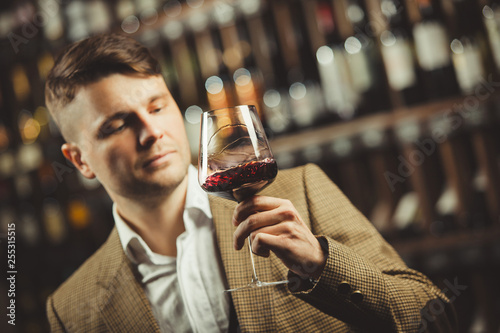 Sommelier consider red wine in bokal on background of shelves with bottles in cellar. Male appreciating color, smell, quality and sediments of drink. photo
