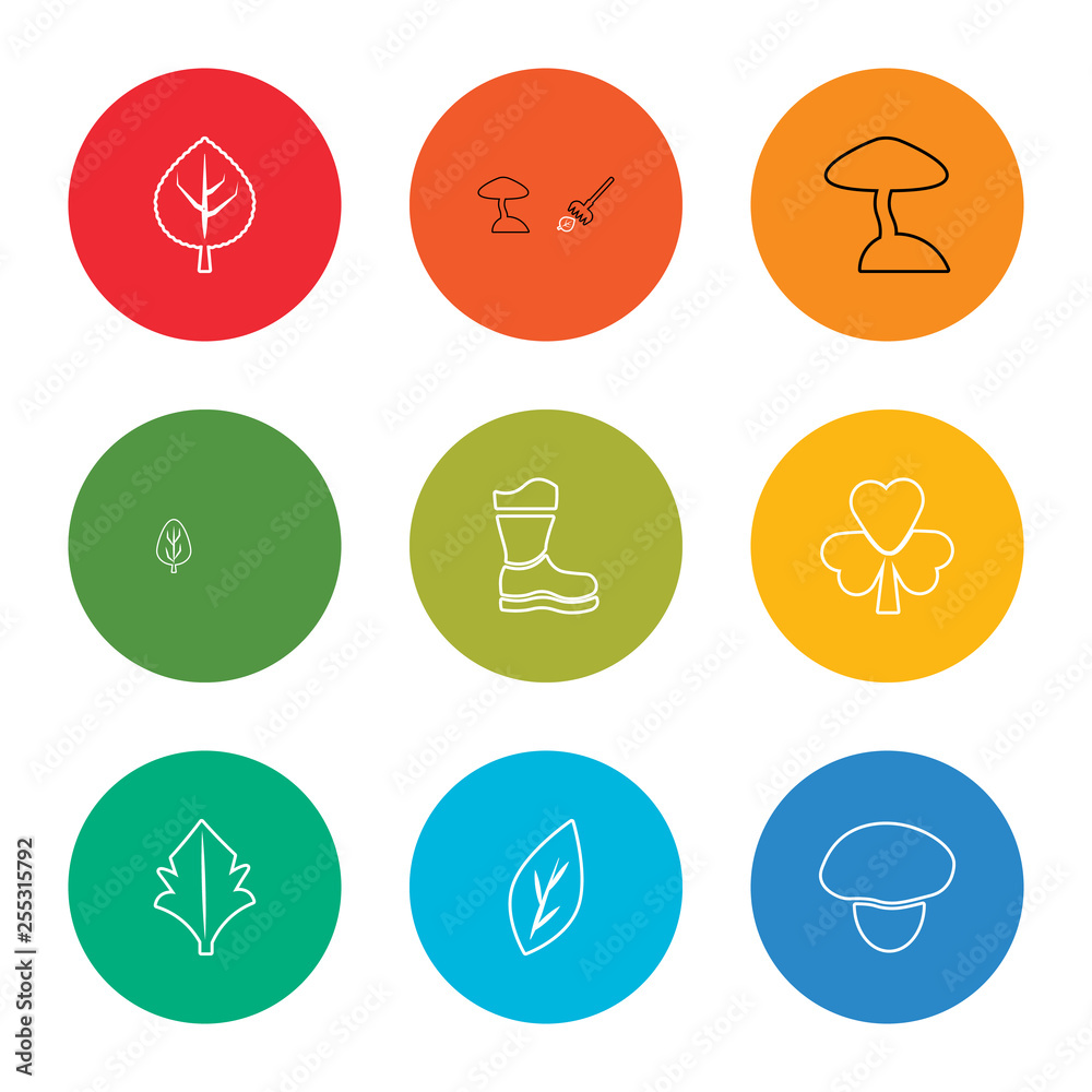 outline stroke mushroom, leaf, leaf, leaf, rubber roots, mushroom, lander, space capsule, vector line icons set on rounded colorful shapes outline stroke mushroom, leaf, leaf, leaf, rubber roots, mushroom, lander, space capsule, vector line icons set on rounded colorful shapes