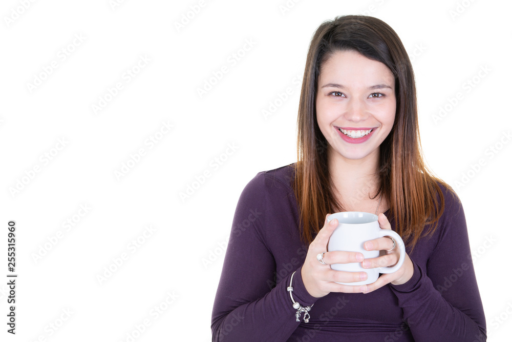 Portrait young woman holding white coffee cup with copy space isolated on white background Portrait young woman holding white coffee cup with copy space isolated on white background