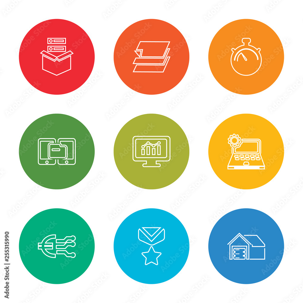 outline stroke warehouse, medal, marketing, laptop, analytics, transfer, velocity, layers, box, vector line icons set on rounded colorful shapes outline stroke warehouse, medal, marketing, laptop, analytics, transfer, velocity, layers, box, vector line icons set on rounded colorful shapes