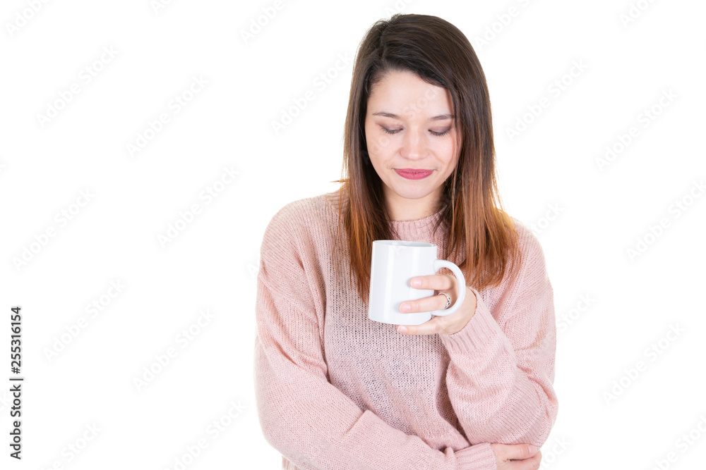 young woman with cup of coffee looks down pensive thinking young woman with cup of coffee looks down pensive thinking