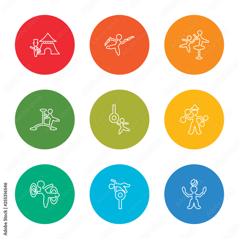 outline stroke juggler man, trapeze artist man, hoop man, strongman aerialist aerialist aerialist knife throwing ringmaster vector line icons set on rounded colorful shapes