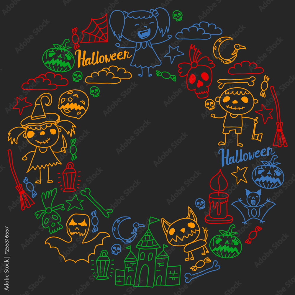 Halloween themed doodle set. Traditional and popular symbols - carved pumpkin, party costumes, witches, ghosts, monsters, vampires, skeletons, skulls, candles, bats. Isolated over black background.