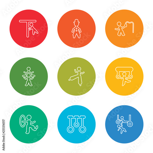 outline stroke trapeze artists man, aerial ring, juggler man, acrobat man, stilt walker circus stunt tamer acrobat aerialist vector line icons set on rounded colorful shapes