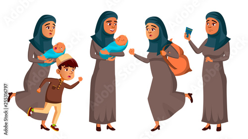Arab, Muslim Teen Girl Poses Set Vector. Refugee, War, Bomb, Explosion, Panic. Isolated Cartoon Illustration