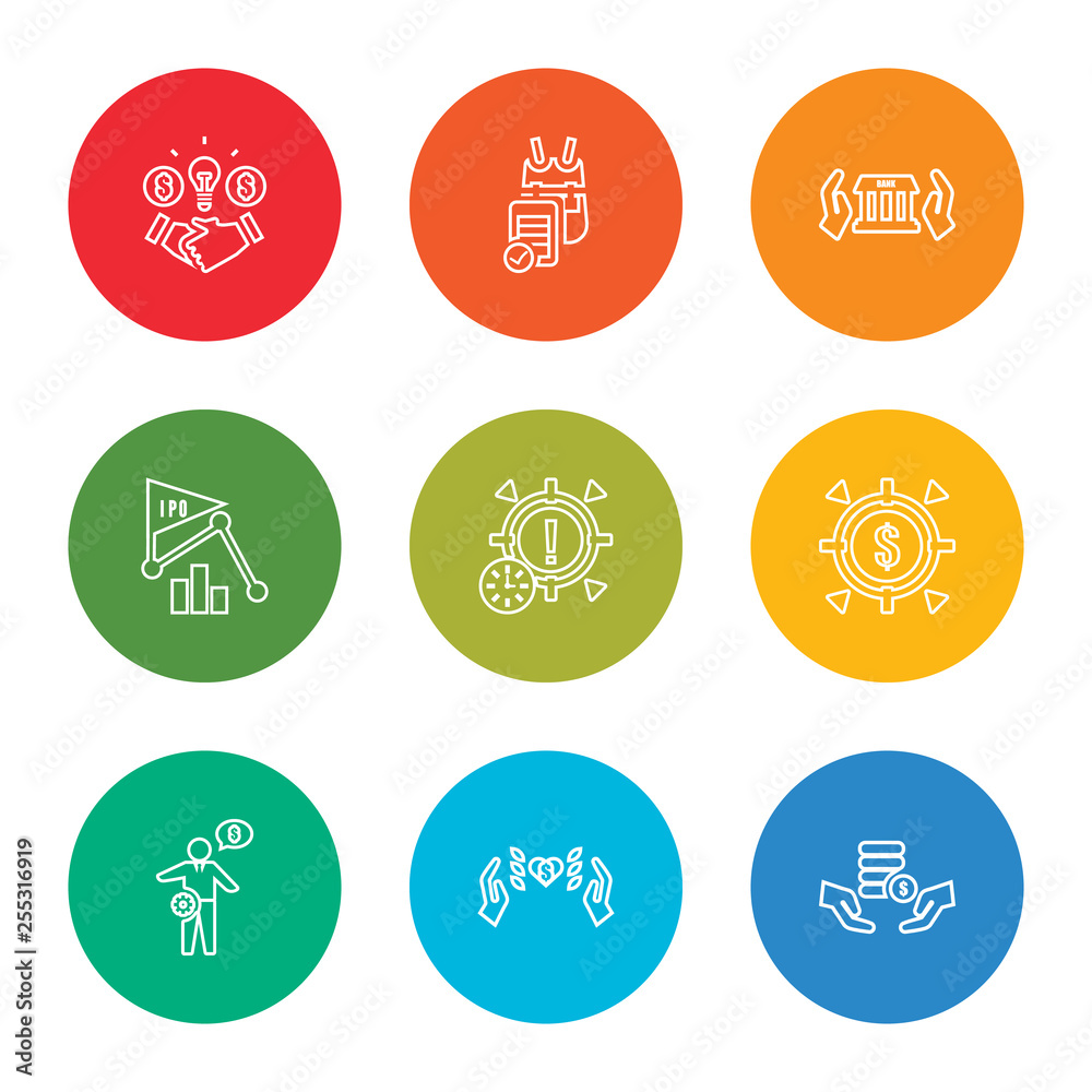 outline stroke investment, donation, funding, goal, goal, ipo, bank, contract, deal, vector line icons set on rounded colorful shapes