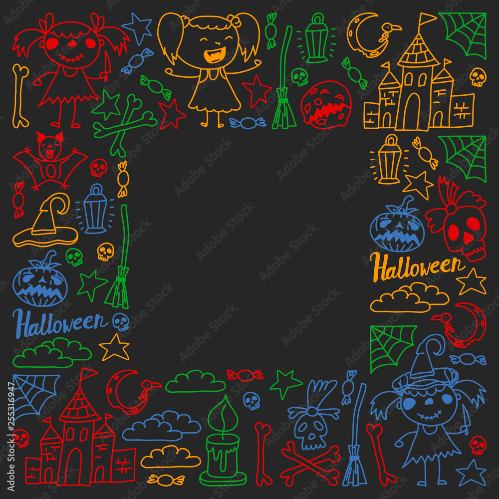 Halloween themed doodle set. Traditional and popular symbols - carved pumpkin, party costumes, witches, ghosts, monsters, vampires, skeletons, skulls, candles, bats. Isolated over black background.