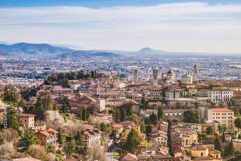 Bergamo, Italy. Scenic view of the Old Town. Landscape of the city center and historic buildings