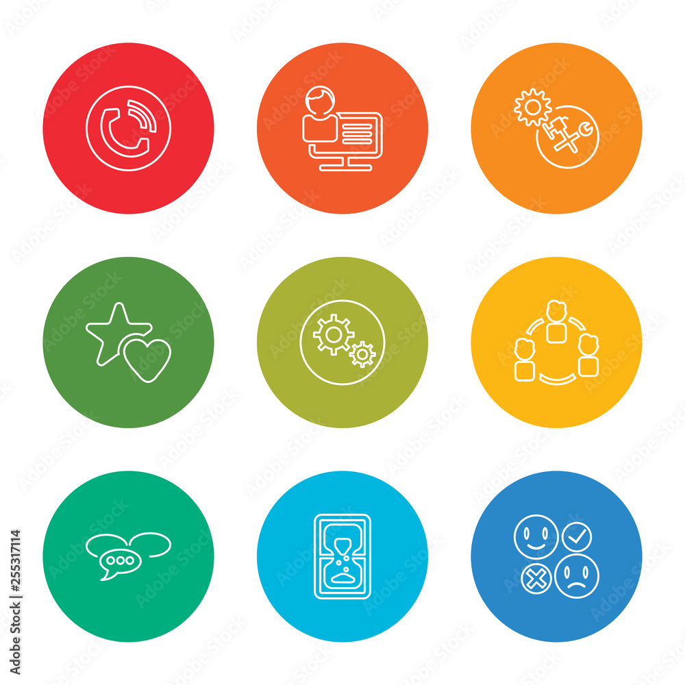 outline stroke review, hourglass, conversation, group, settings, favorite, settings, video call, telephone, vector line icons set on rounded colorful shapes
