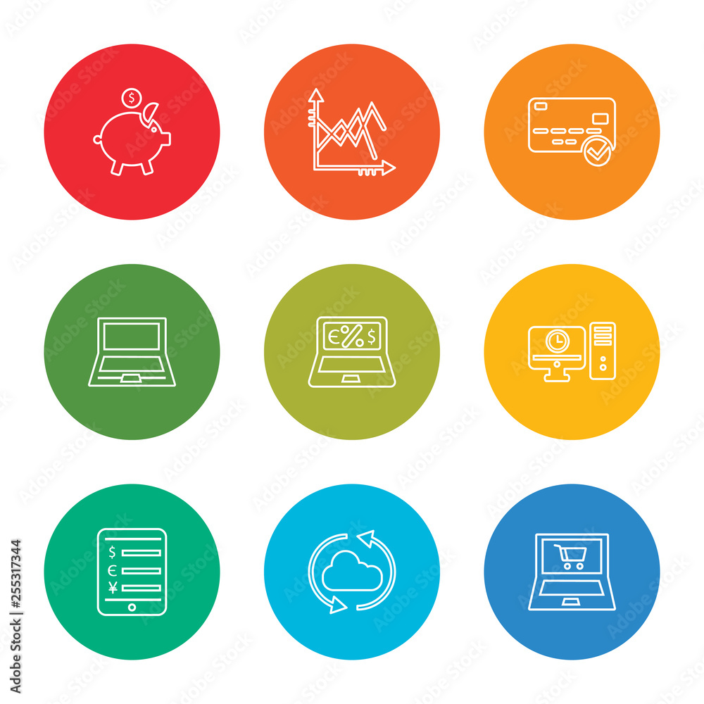outline stroke online shop, cloud computing, smartphone, computer, online shop, laptop, payment method, line chart, piggy bank, vector line icons set on rounded colorful shapes outline stroke online shop, cloud computing, smartphone, computer, online shop, laptop, payment method, line chart, piggy bank, vector line icons set on rounded colorful shapes