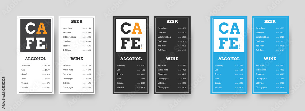 Design white, black and blue vector menu format DL for cafes and restaurants. Design white, black and blue vector menu format DL for cafes and restaurants.