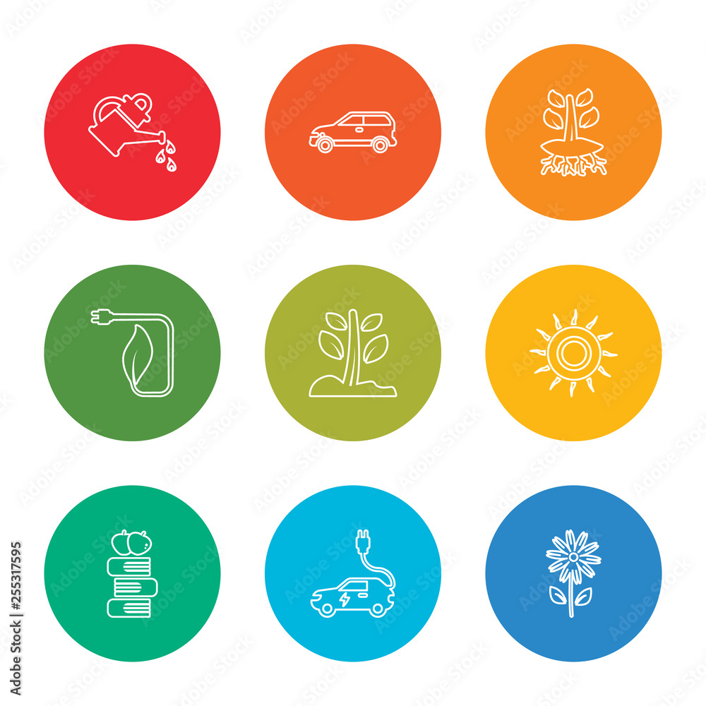 outline stroke flower, electric car, apple and books, sunlight, growing plant, eco energy, plant and root, eco energy car, watering can, vector line icons set on rounded colorful shapes