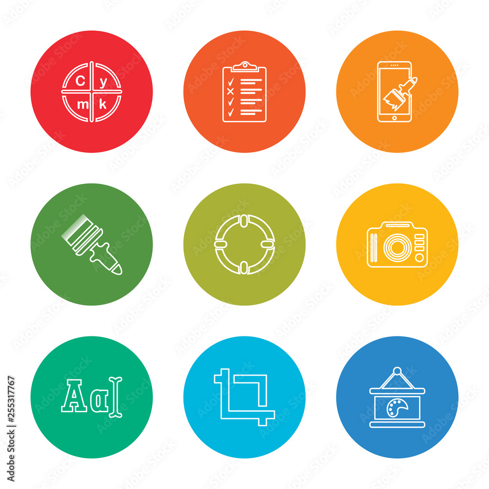 outline stroke canvas, crop, font, photo camera, circle, paint brush, paint brush, clipboard, cmyk, vector line icons set on rounded colorful shapes outline stroke canvas, crop, font, photo camera, circle, paint brush, paint brush, clipboard, cmyk, vector line icons set on rounded colorful shapes