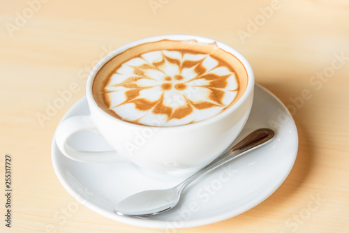 Top view of hot cappuccino with nice milk pattern