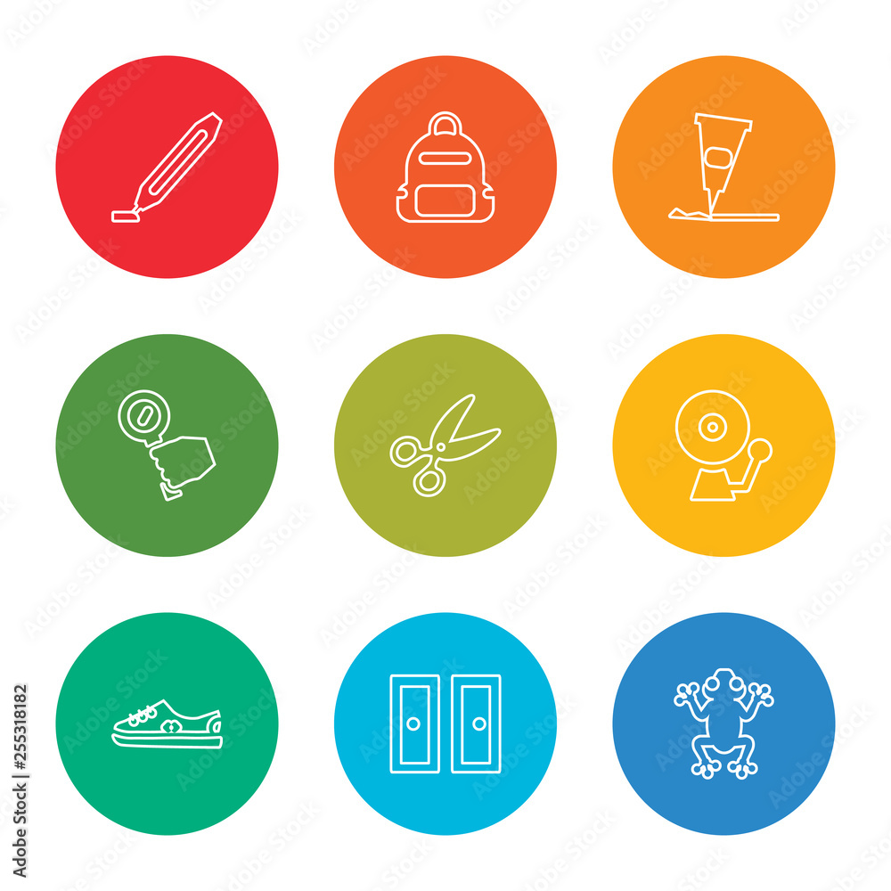 outline stroke frog, lockers, shoe, school bell, scissors, magnifying glass, glue, backpack, highlighter, vector line icons set on rounded colorful shapes outline stroke frog, lockers, shoe, school bell, scissors, magnifying glass, glue, backpack, highlighter, vector line icons set on rounded colorful shapes