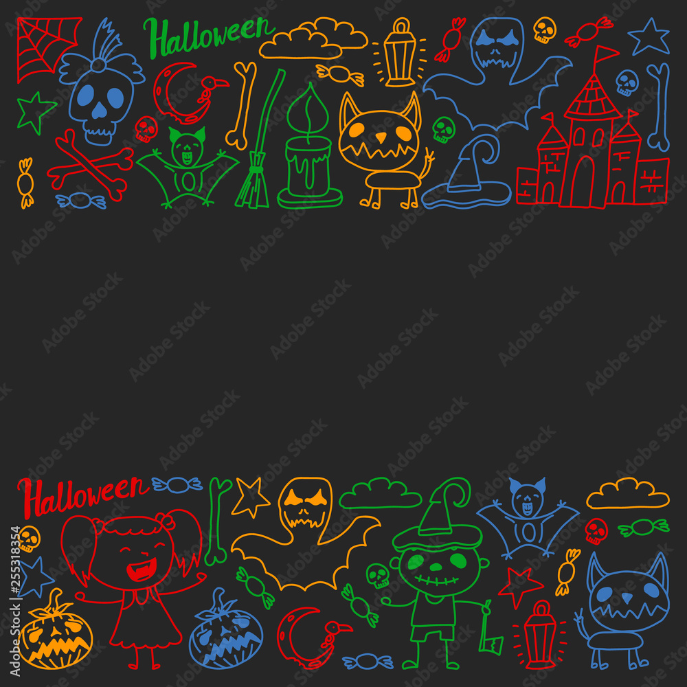 Halloween themed doodle set. Traditional and popular symbols - carved pumpkin, party costumes, witches, ghosts, monsters, vampires, skeletons, skulls, candles, bats. Isolated over black background. Halloween themed doodle set. Traditional and popular symbols - carved pumpkin, party costumes, witches, ghosts, monsters, vampires, skeletons, skulls, candles, bats. Isolated over black background.
