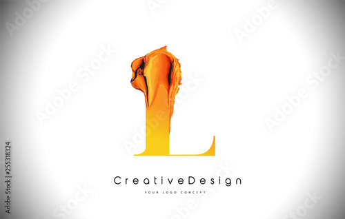 L Orange Letter Design Brush Paint Stroke. Gold Yellow l Letter Logo Icon with Artistic Paintbrush