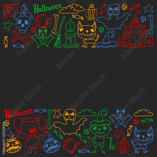Halloween themed doodle set. Traditional and popular symbols - carved pumpkin  party costumes  witches  ghosts  monsters  vampires  skeletons  skulls  candles  bats. Isolated over black background.