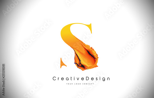 S Orange Letter Design Brush Paint Stroke. Gold Yellow s Letter Logo Icon with Artistic Paintbrush