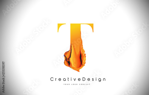T Orange Letter Design Brush Paint Stroke. Gold Yellow t Letter Logo Icon with Artistic Paintbrush