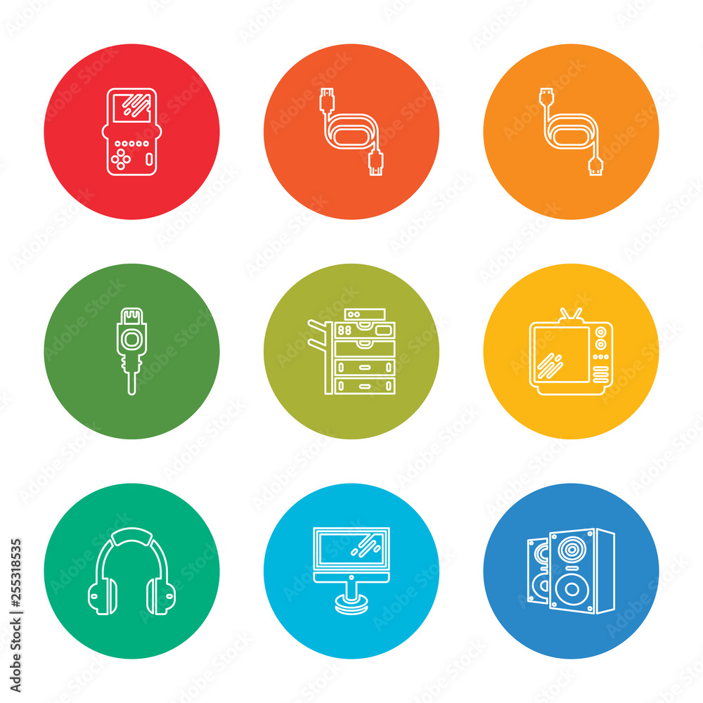 outline stroke speakers, monitor, headphones, television, copy machine, charger, ethernet, hdmi, game console, vector line icons set on rounded colorful shapes outline stroke speakers, monitor, headphones, television, copy machine, charger, ethernet, hdmi, game console, vector line icons set on rounded colorful shapes