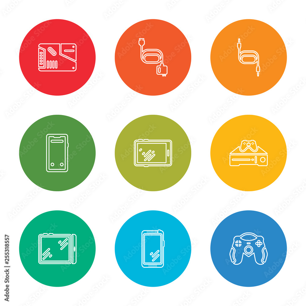 outline stroke game controller, smartphone, tablet, game console, tablet, smartphone, sound cable, magsafe, ssd, vector line icons set on rounded colorful shapes outline stroke game controller, smartphone, tablet, game console, tablet, smartphone, sound cable, magsafe, ssd, vector line icons set on rounded colorful shapes