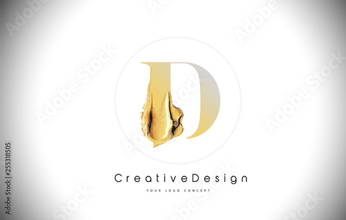 D Golden Letter Design Brush Paint Stroke. Gold Yellow d Letter Logo Icon with Artistic Paintbrush