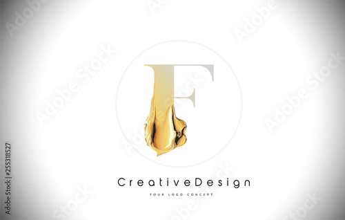 F Golden Letter Design Brush Paint Stroke. Gold Yellow f Letter Logo Icon with Artistic Paintbrush