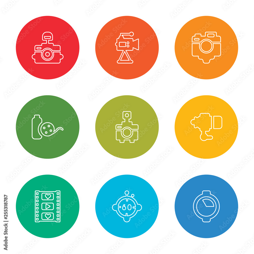 Fototapeta premium outline stroke quarter, minute countdown, film strip, objective, photo camera, film roll, photo camera, video camera, photo with flash, vector line icons set on rounded colorful shapes