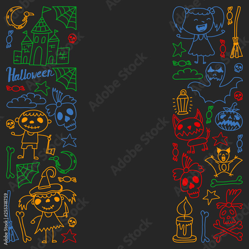 Halloween themed doodle set. Traditional and popular symbols - carved pumpkin  party costumes  witches  ghosts  monsters  vampires  skeletons  skulls  candles  bats. Isolated over black background.