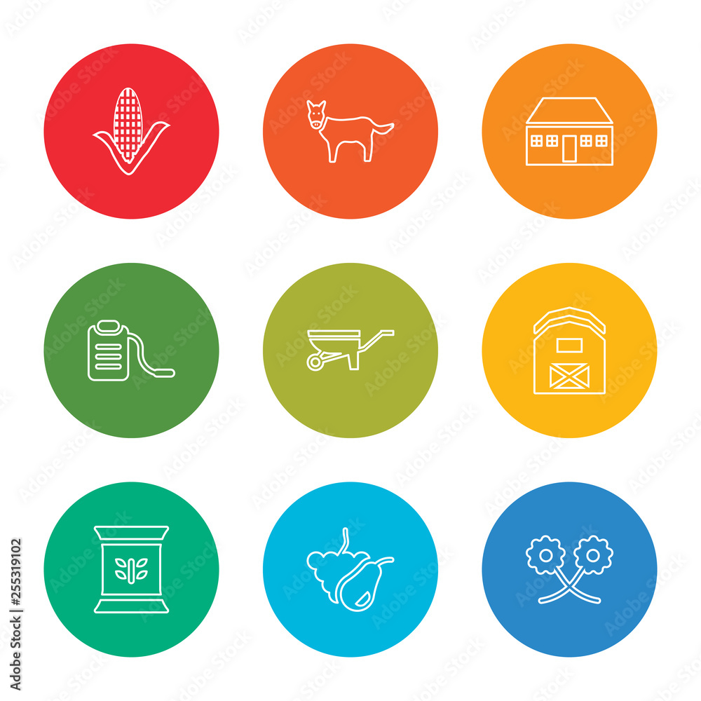 outline stroke flower, fruit, fertilizer, barn, wheelbarrow, sprayer, donkey, farm house, corn, vector line icons set on rounded colorful shapes
