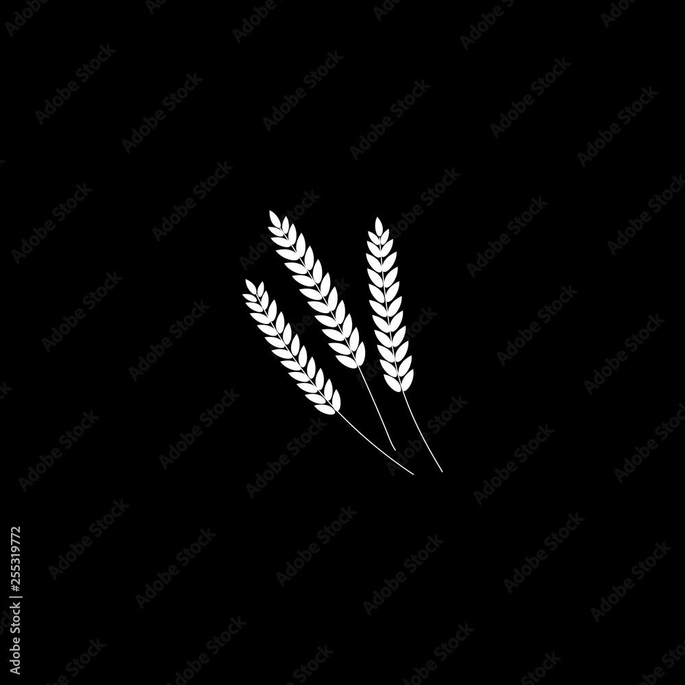 vector illustration of wheat, rye or barley ears whole grain, white silhouette symbol icon isolated on black background.