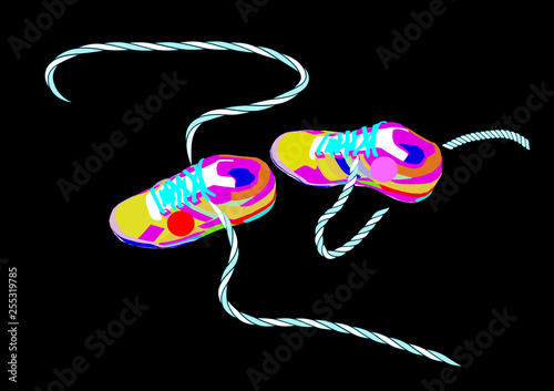 colorful running shoes over a black background, vector illustration