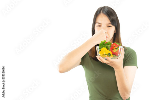 Happy lady holding kichen stuff over copy space background - people home made food preparation concept