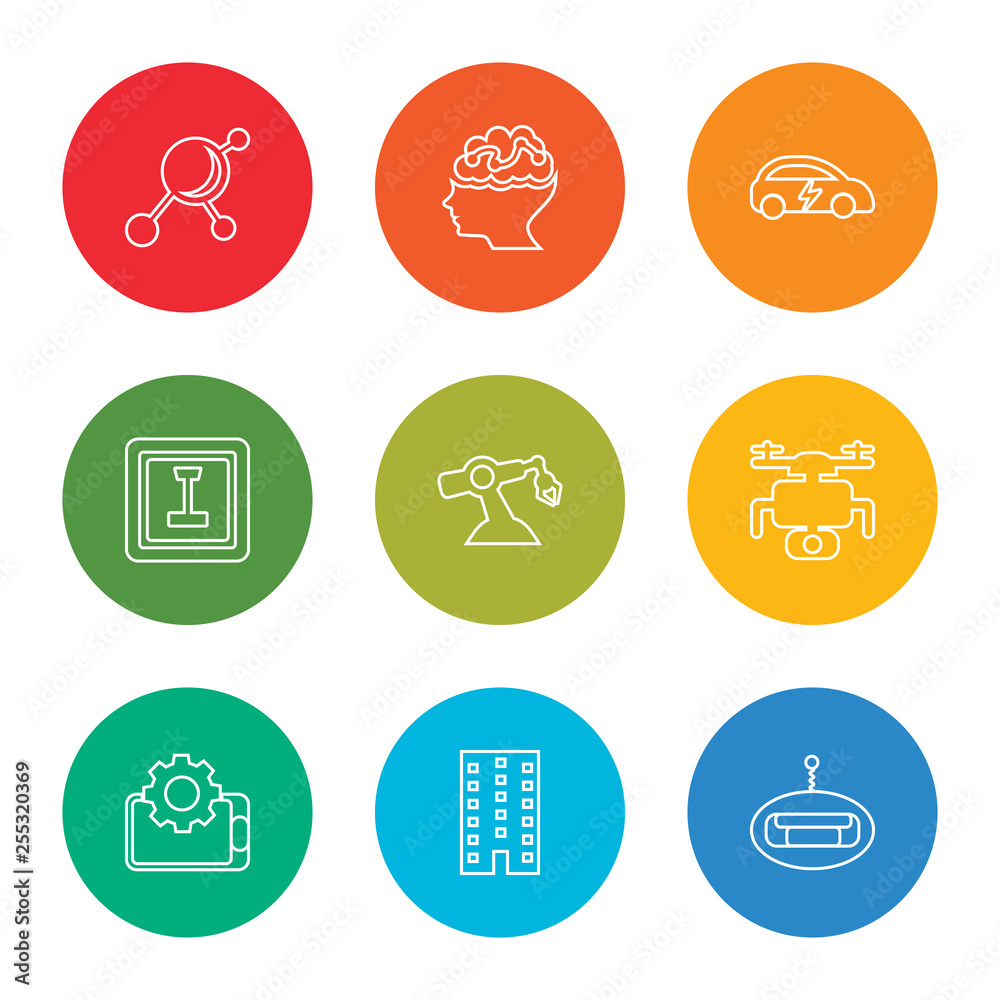 outline stroke robot, building, augmented reality, drone, robot arm, 3d printer, electric car, artificial intelligence, nanotechnology, vector line icons set on rounded colorful shapes outline stroke robot, building, augmented reality, drone, robot arm, 3d printer, electric car, artificial intelligence, nanotechnology, vector line icons set on rounded colorful shapes