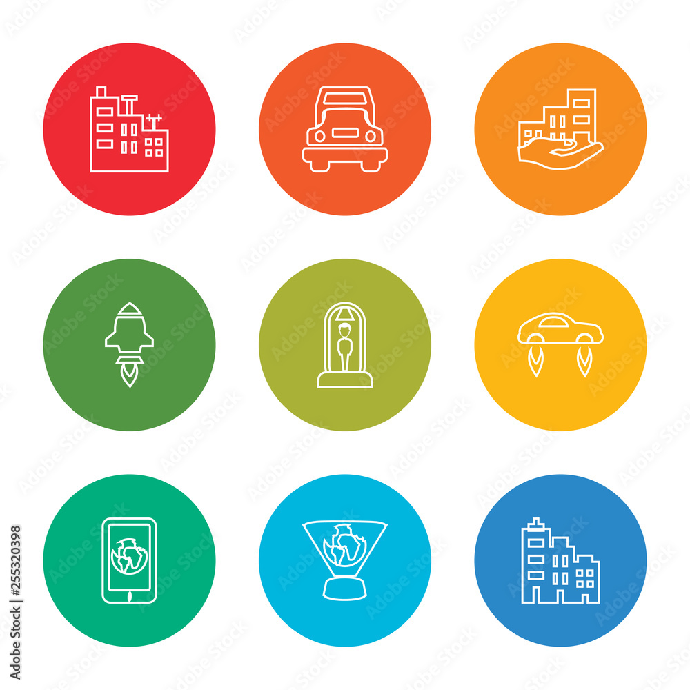 outline stroke cityscape, hologram, smartphone, flying car, cloning, startup, residential, truck, cityscape, vector line icons set on rounded colorful shapes outline stroke cityscape, hologram, smartphone, flying car, cloning, startup, residential, truck, cityscape, vector line icons set on rounded colorful shapes