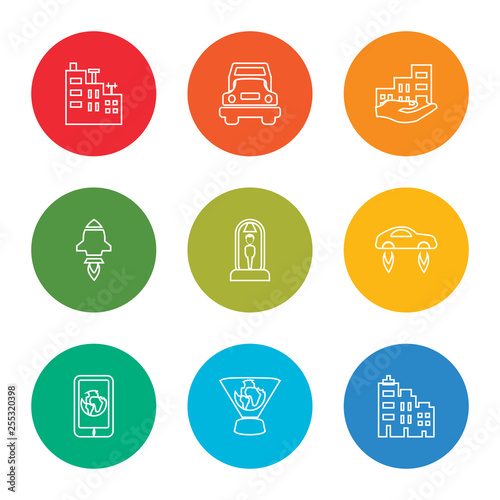 outline stroke cityscape, hologram, smartphone, flying car, cloning, startup, residential, truck, cityscape, vector line icons set on rounded colorful shapes