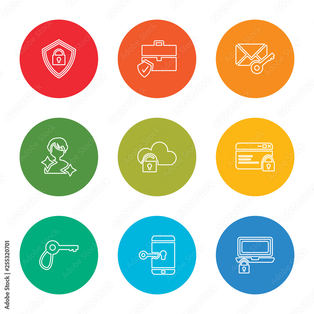 outline stroke laptop, smartphone, key, website, cloud, person, letter, portfolio, shield, vector line icons set on rounded colorful shapes