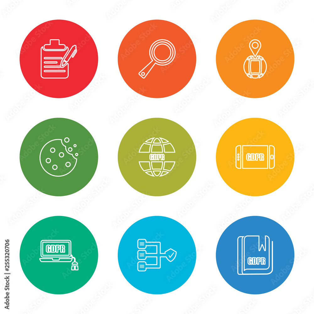 outline stroke gdpr, servers, gdpr, gdpr, cookie, address, transparency, consent, vector line icons set on rounded colorful shapes outline stroke gdpr, servers, gdpr, gdpr, cookie, address, transparency, consent, vector line icons set on rounded colorful shapes