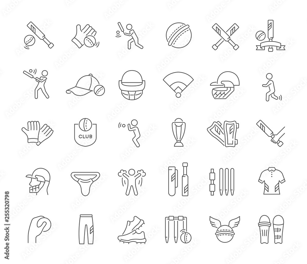 Naklejka premium Set Vector Line Icons of Cricket.