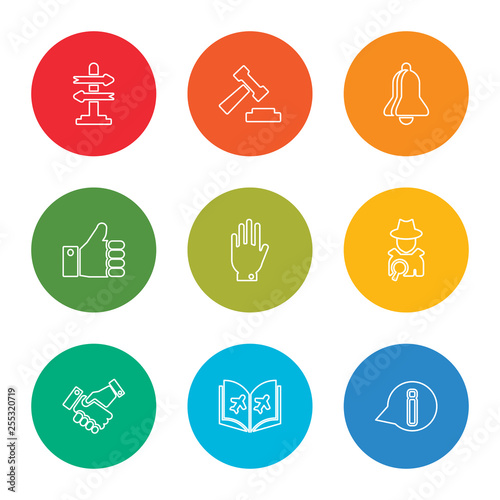 outline stroke information, plain, cooperation, detective, right to objection, right to objection, notification, auction, decision making, vector line icons set on rounded colorful shapes