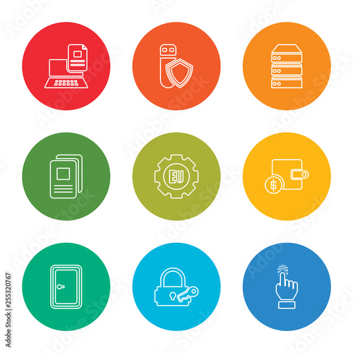 outline stroke fingerprint, keylock, penalty, income, eu, document, data storage, data protection, data transfer, vector line icons set on rounded colorful shapes