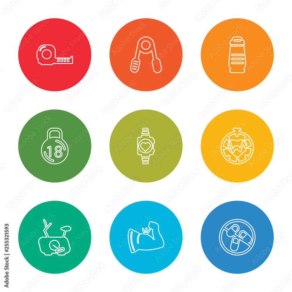outline stroke pills, muscle, stationary bike, pulse, smartwatch, kettlebell, bottle, handgrip, measure tape, vector line icons set on rounded colorful shapes