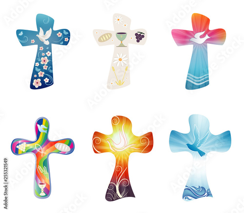 Set modern isolated Christian crosses. Cross collection with symbols of Christianity. Religious signs. VECTOR photo