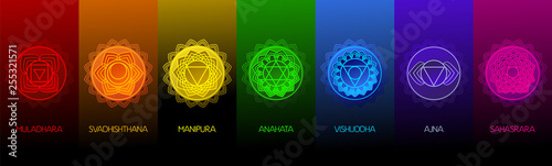 Chakra symbols set on dark background. Different styles, modern simple geometric icons and traditional sanskrit signs. Vector illustration.
