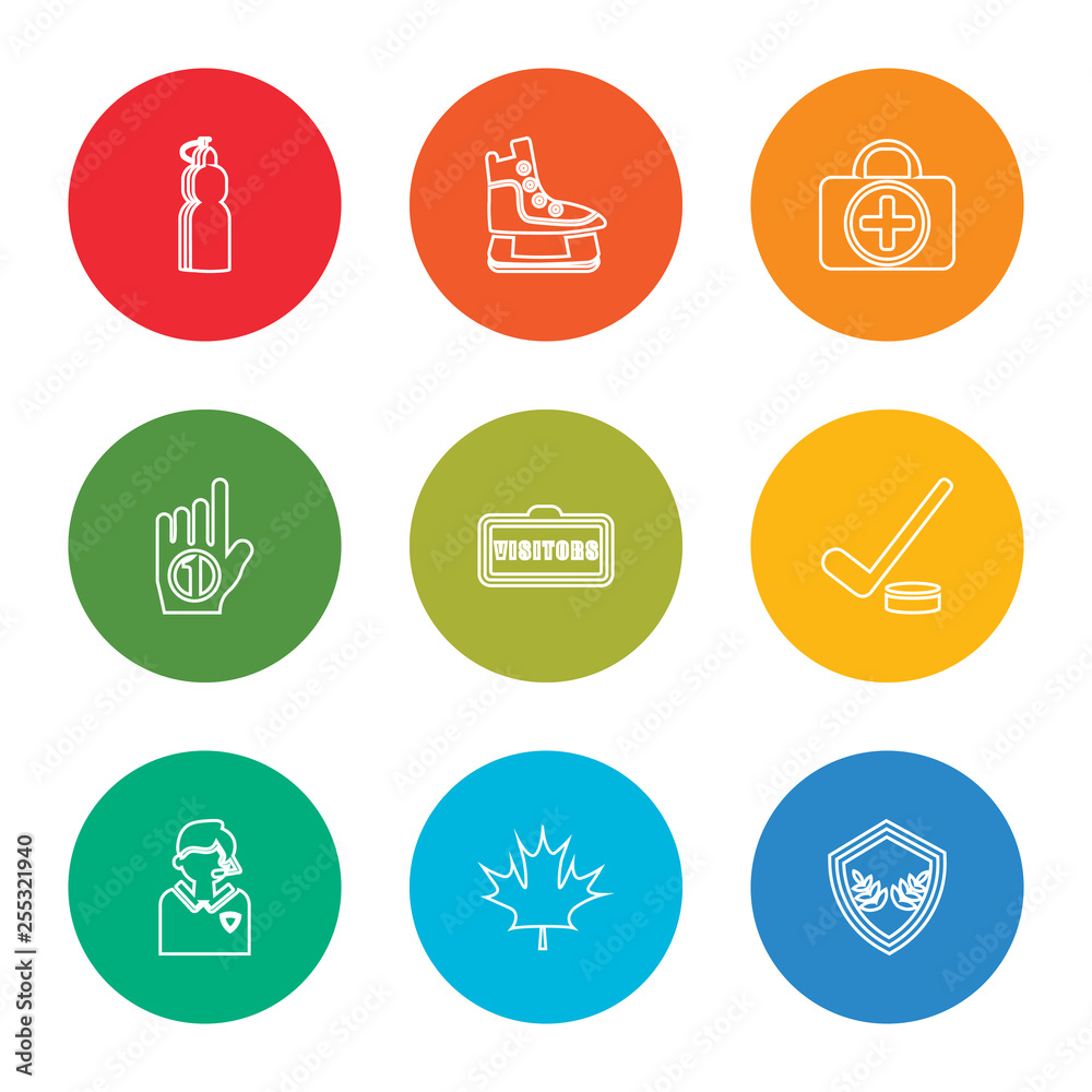 outline stroke emblem, maple leaf, commerce, hockey stick, visitors, bowman, first aid kit, ice skate, drink, vector line icons set on rounded colorful shapes outline stroke emblem, maple leaf, commerce, hockey stick, visitors, bowman, first aid kit, ice skate, drink, vector line icons set on rounded colorful shapes