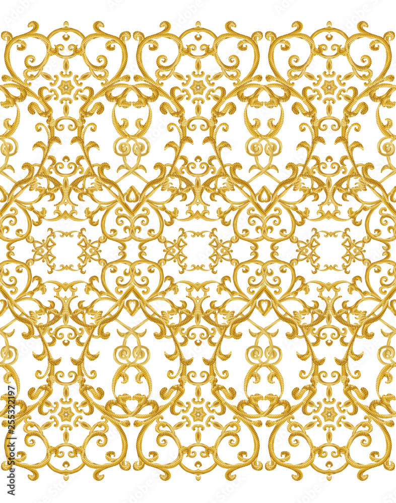 Seamless pattern. Golden textured curls. Oriental style arabesques. Brilliant lace, stylized flowers. Openwork weaving delicate, golden background. Seamless pattern. Golden textured curls. Oriental style arabesques. Brilliant lace, stylized flowers. Openwork weaving delicate, golden background.