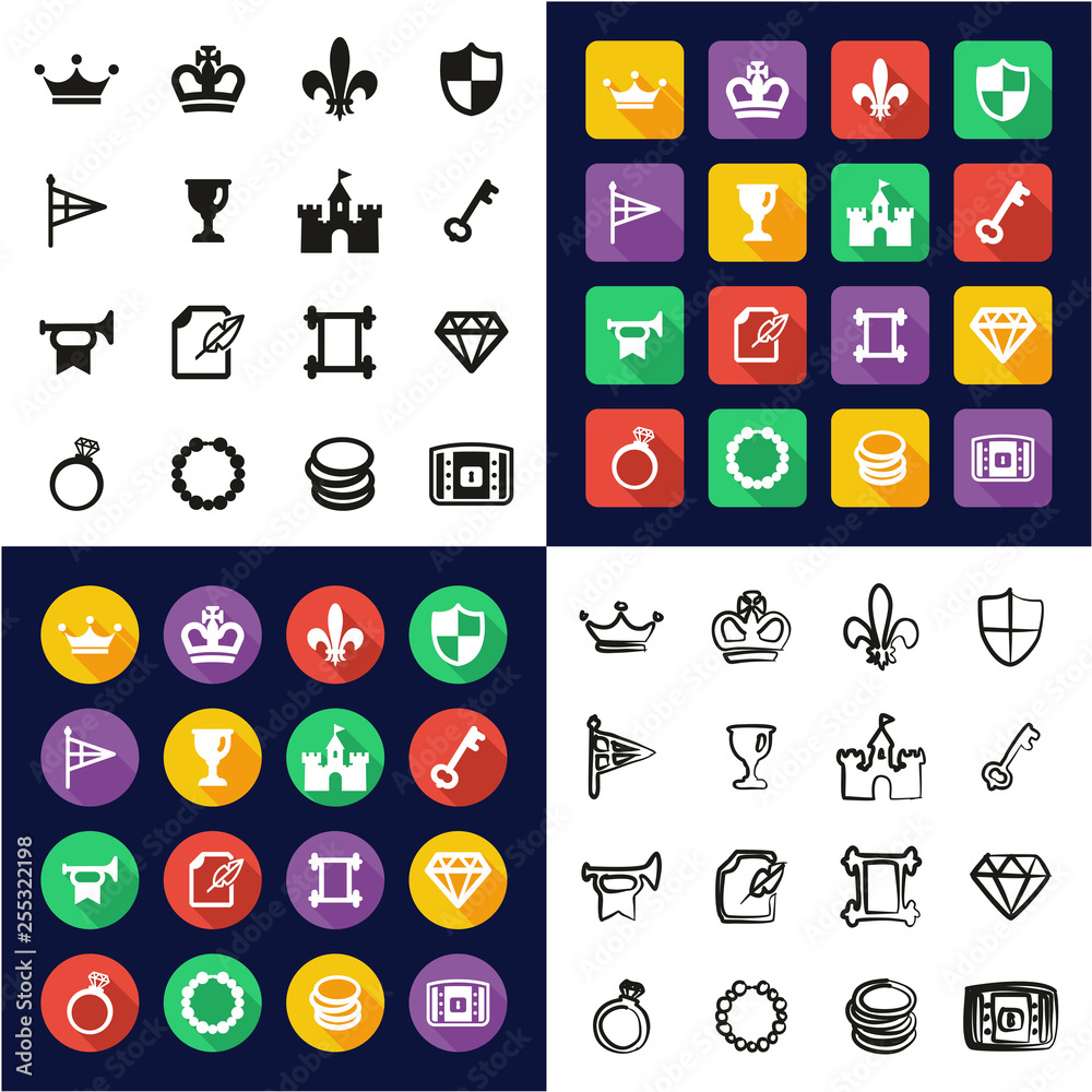 Fototapeta premium Royalty or Royal Blood Icons All in One Icons Black & White Color Flat Design Freehand Set